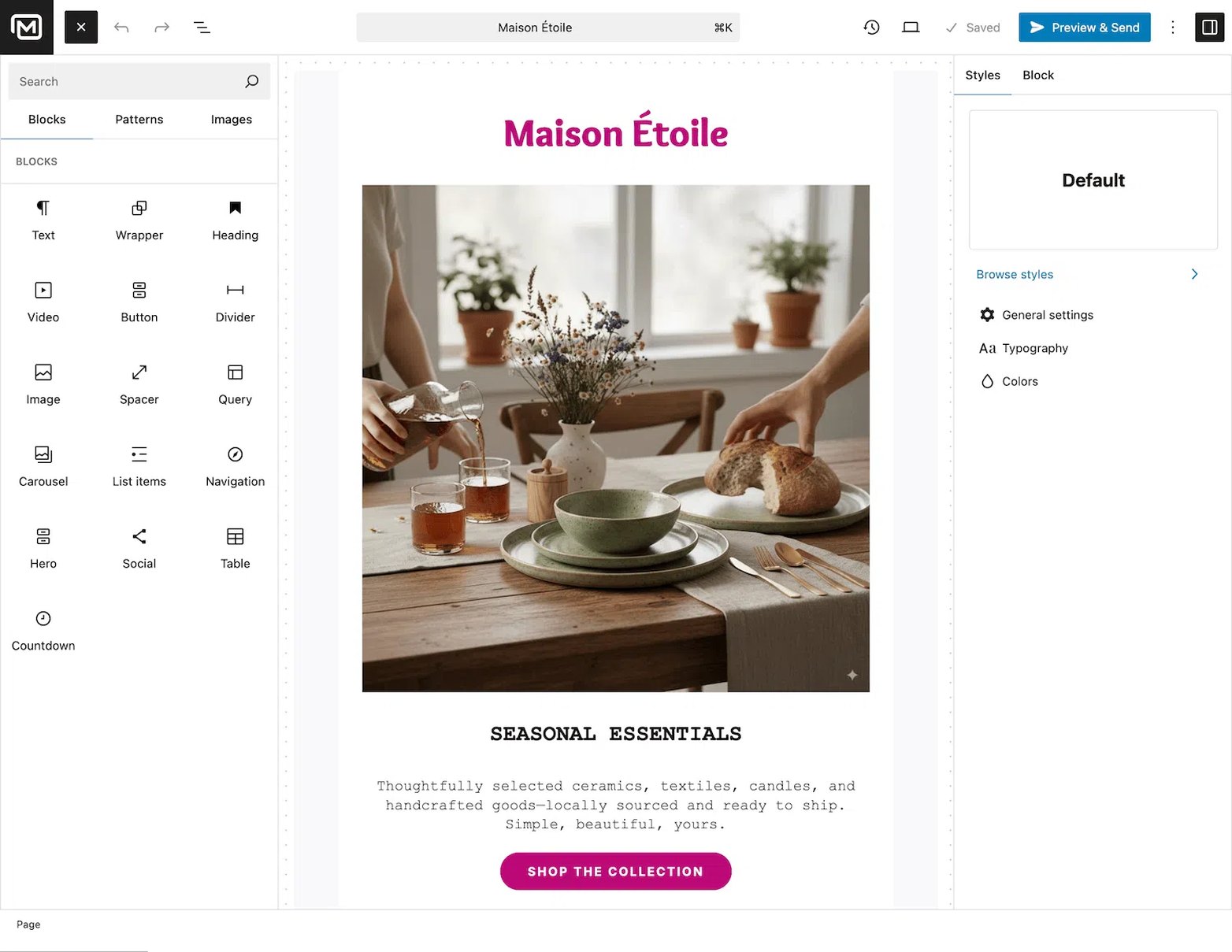 MailerPress email editor with the block inserter and a campaign in progress