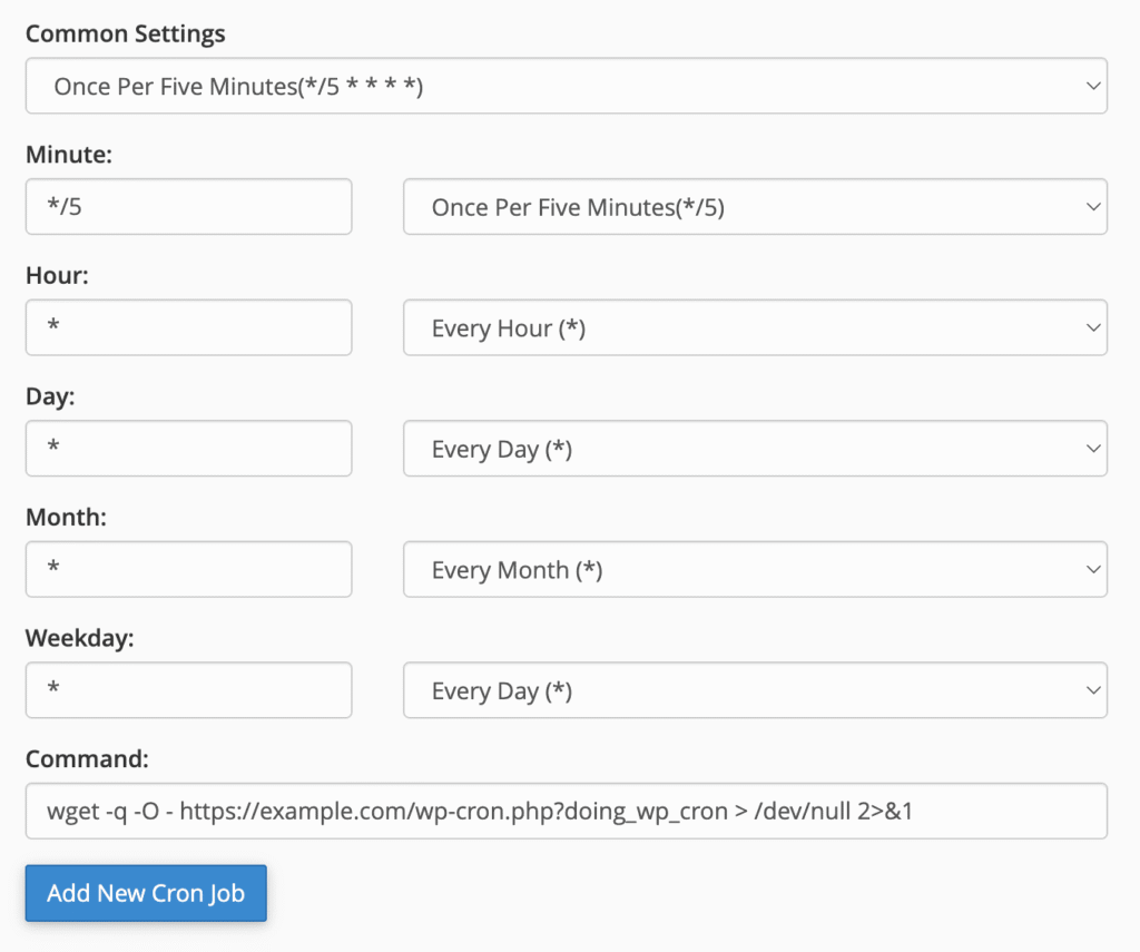 Common settings of your CRON job - cPanel