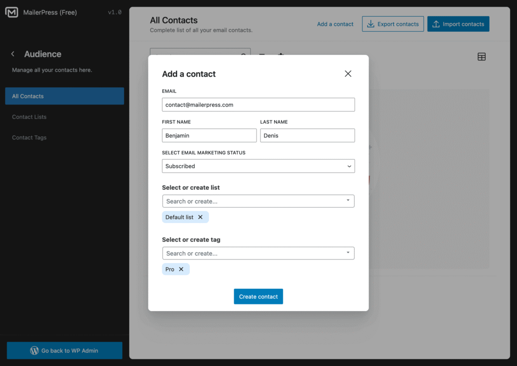Add a single contact to MailerPress