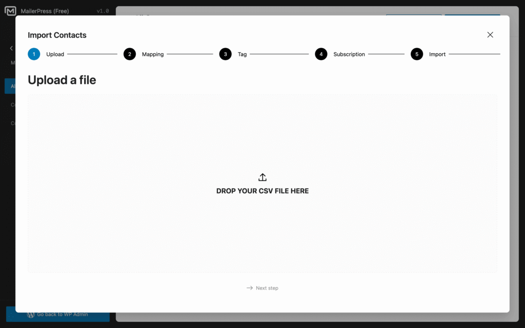 Assistant to export your contacts to a CSV file, step 1 - MailerPress