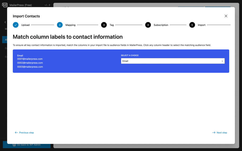 Assistant to export your contacts to a CSV file, step 2 - MailerPress