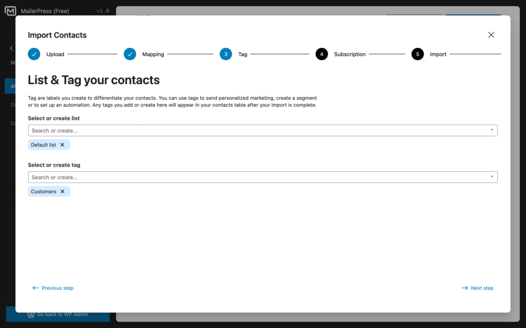 Assistant to export your contacts to a CSV file, step 3 - MailerPress