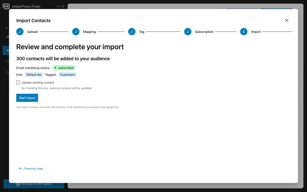 Assistant to export your contacts to a CSV file, step 5 - MailerPress