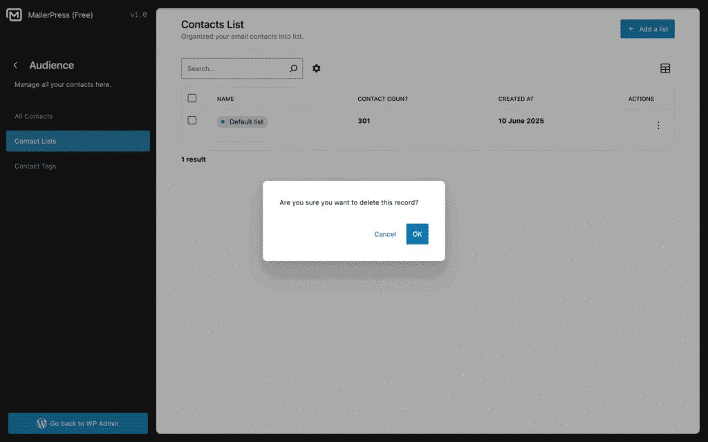 Delete a contact list - MailerPress