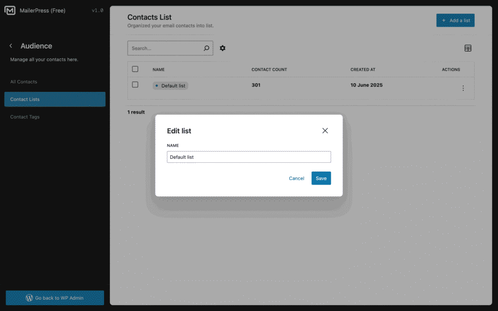 Edit a contact list - MailerPress