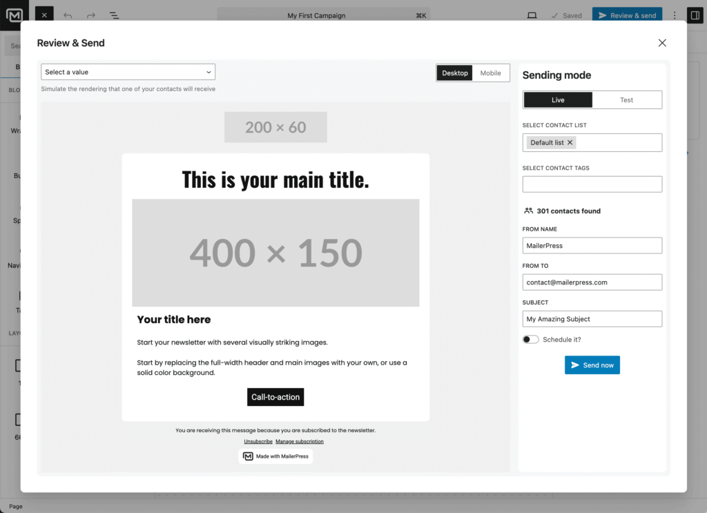 Review and Send modal - MailerPress