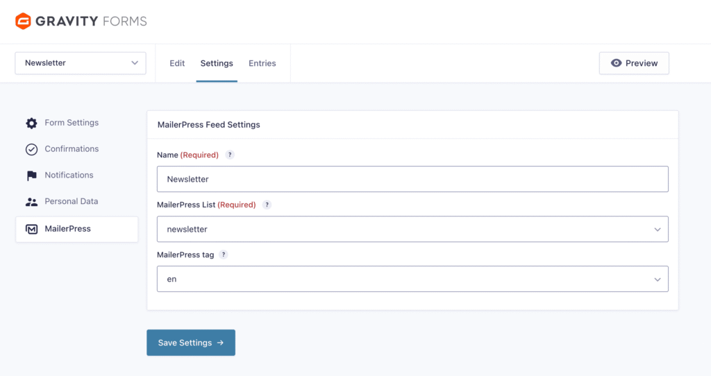 Configure a MailerPress feed for Gravity Forms