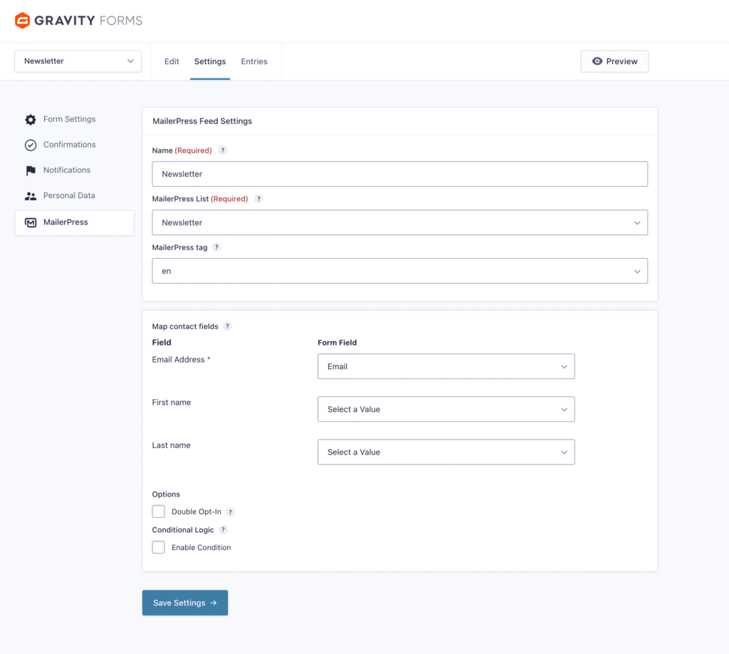 Configure the MailerPress feed settings for Gravity Forms