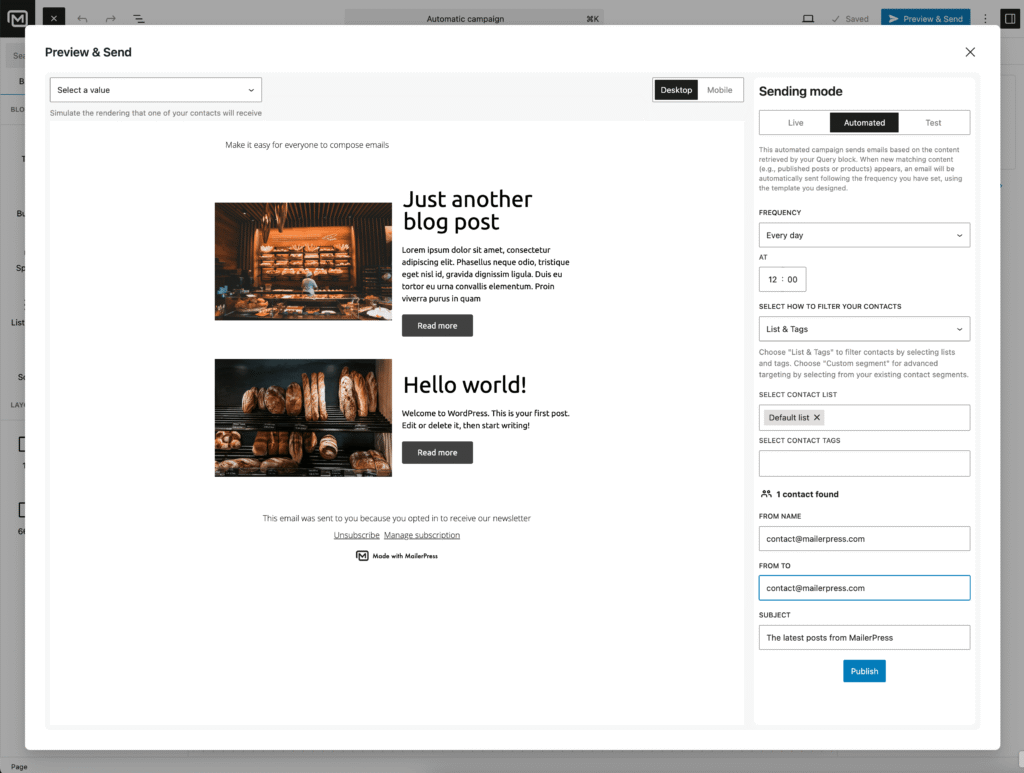 mailerpress preview send automatic campaigns