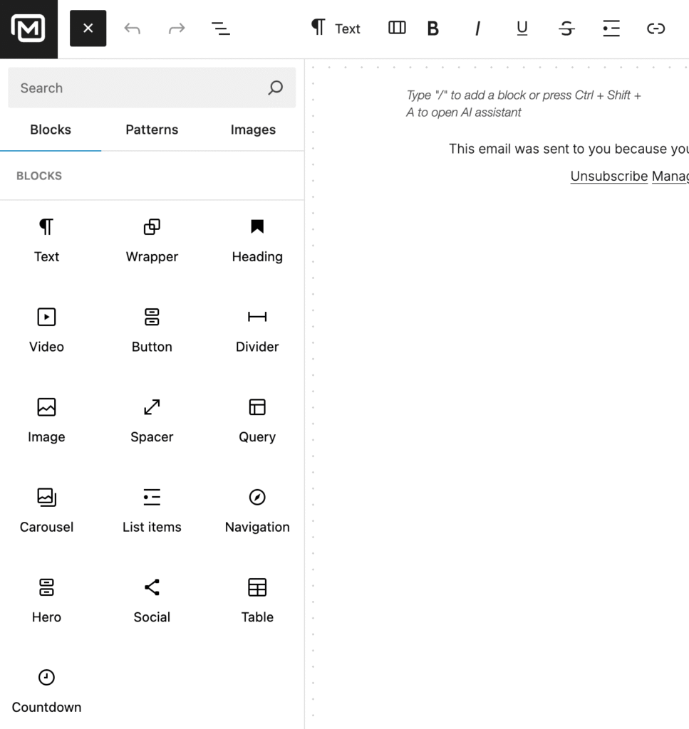 Blocs disponibles avec l’éditeur MailerPress