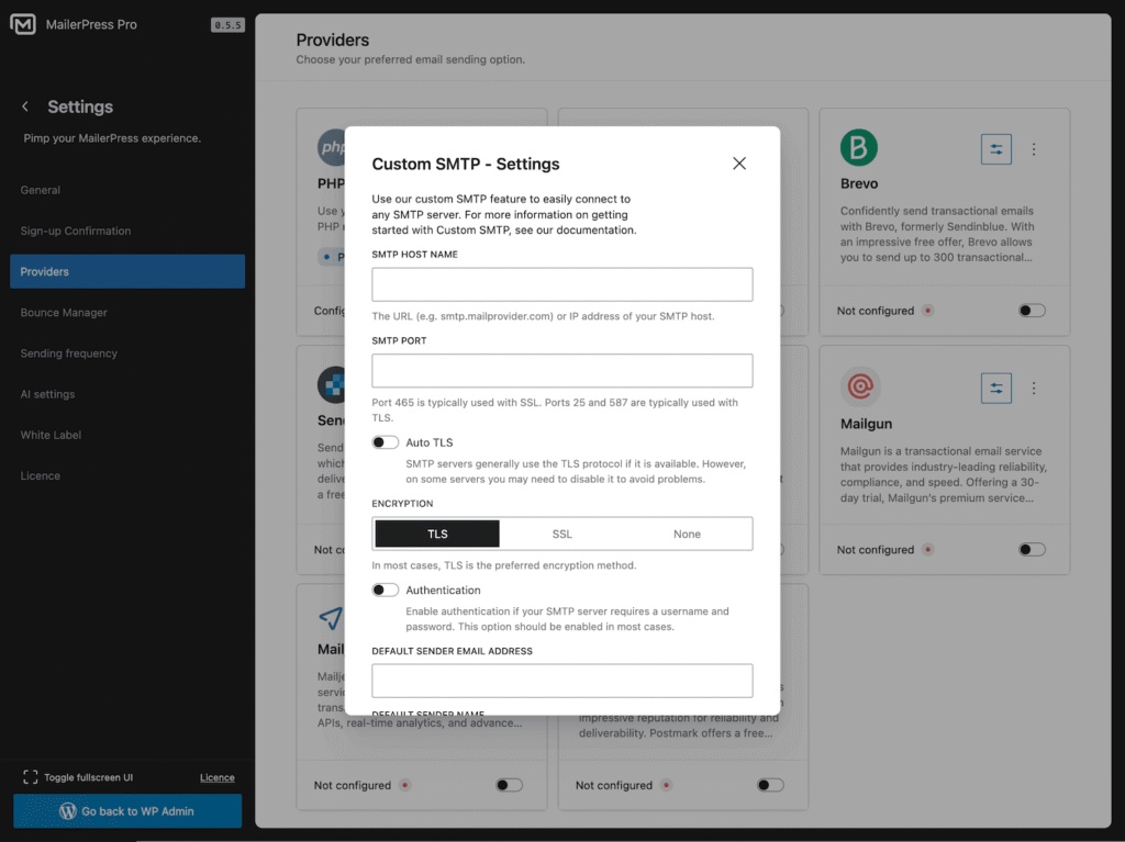 mailerpress custom smtp settings