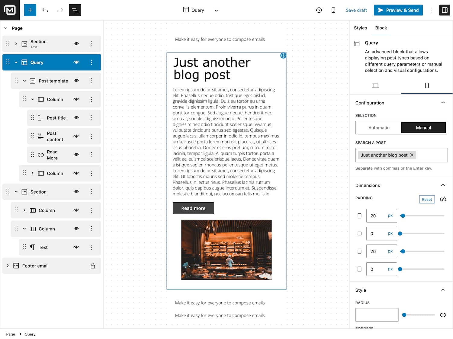mailerpress manual query block mobile view