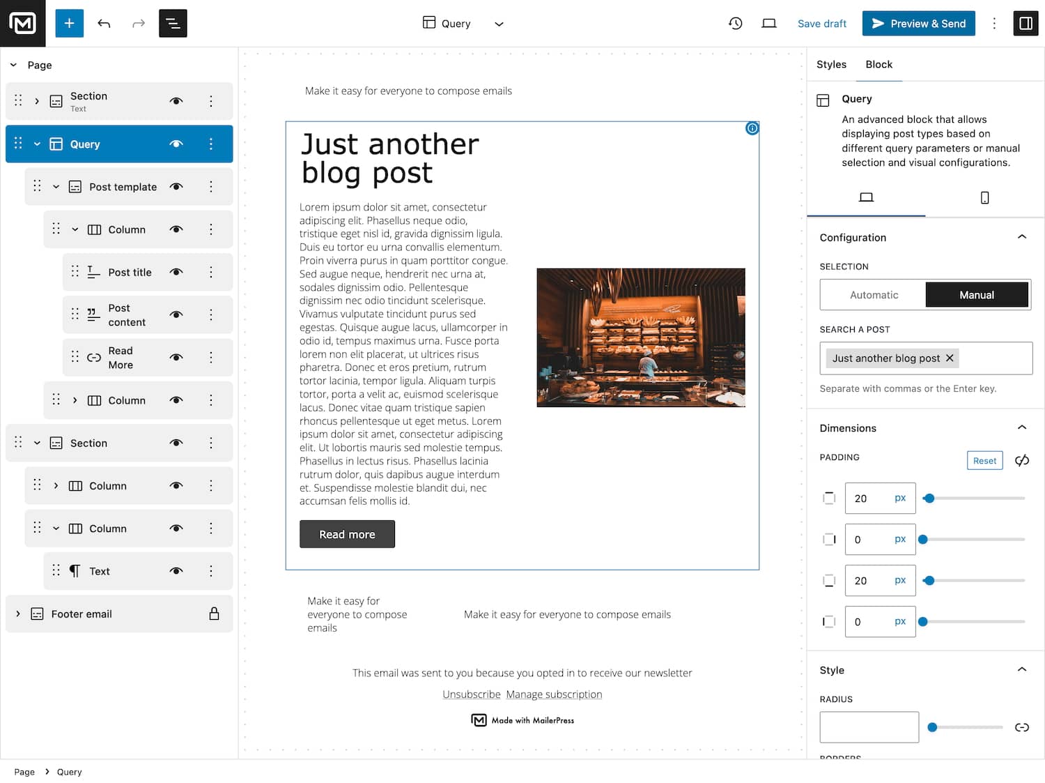 mailerpress manual query block