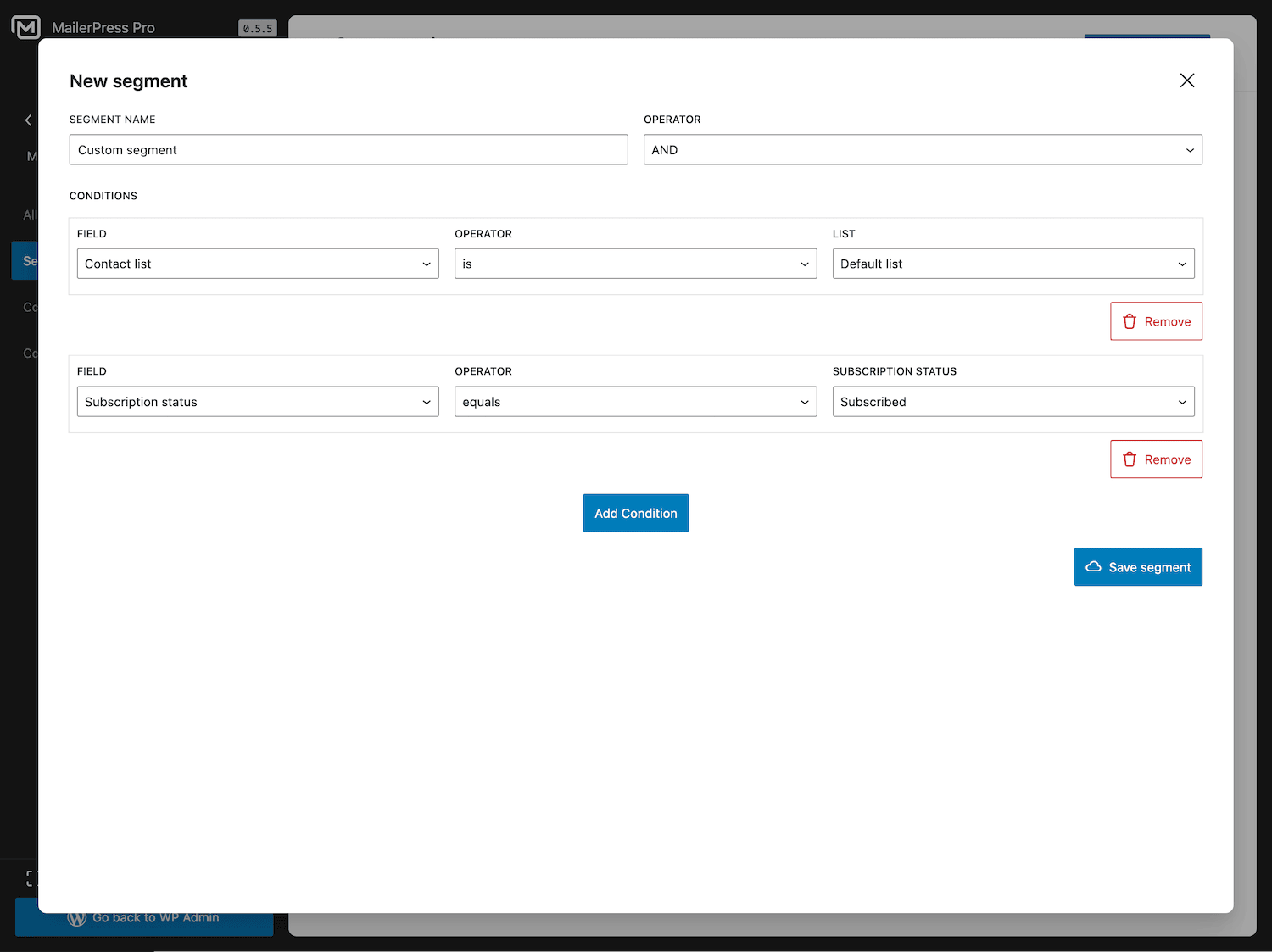 mailerpress new segment