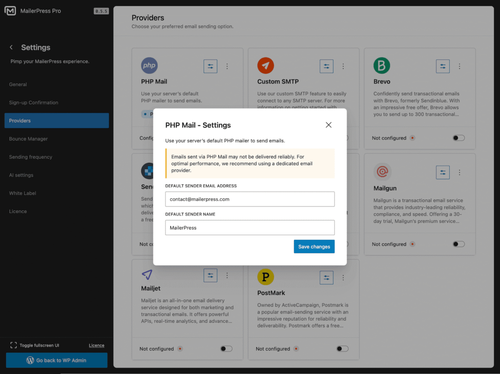 mailerpress phpmail settings