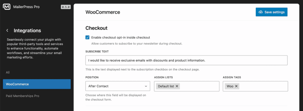 mailerpress woocommerce integration settings
