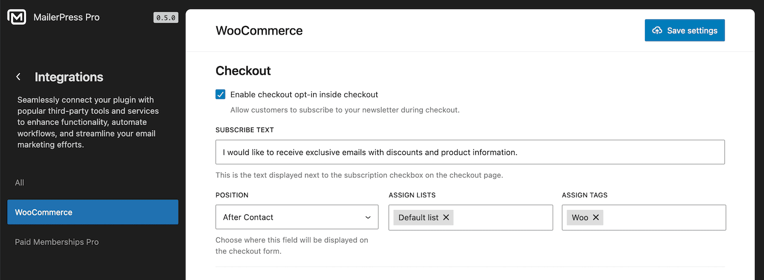MailerPress optin for the WooCommerce checkout page