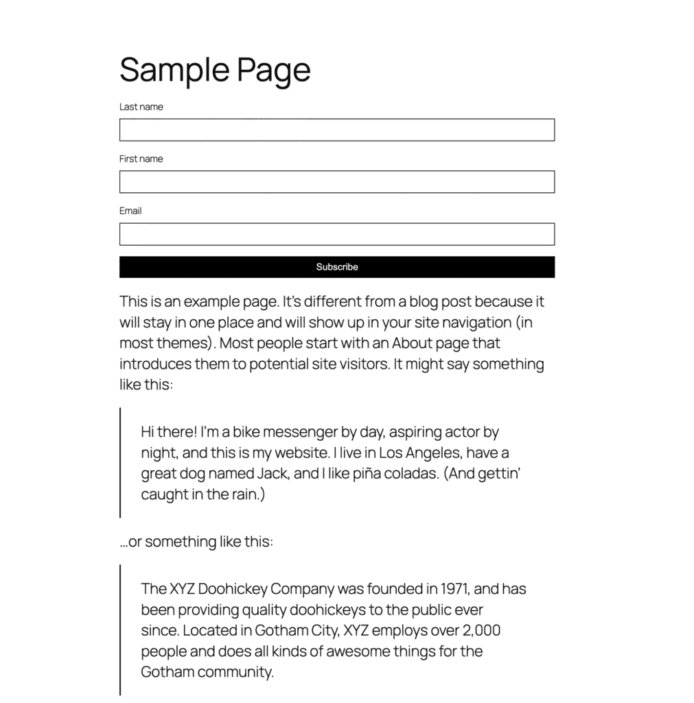 MailerPress Subscription Form with the default WordPress theme