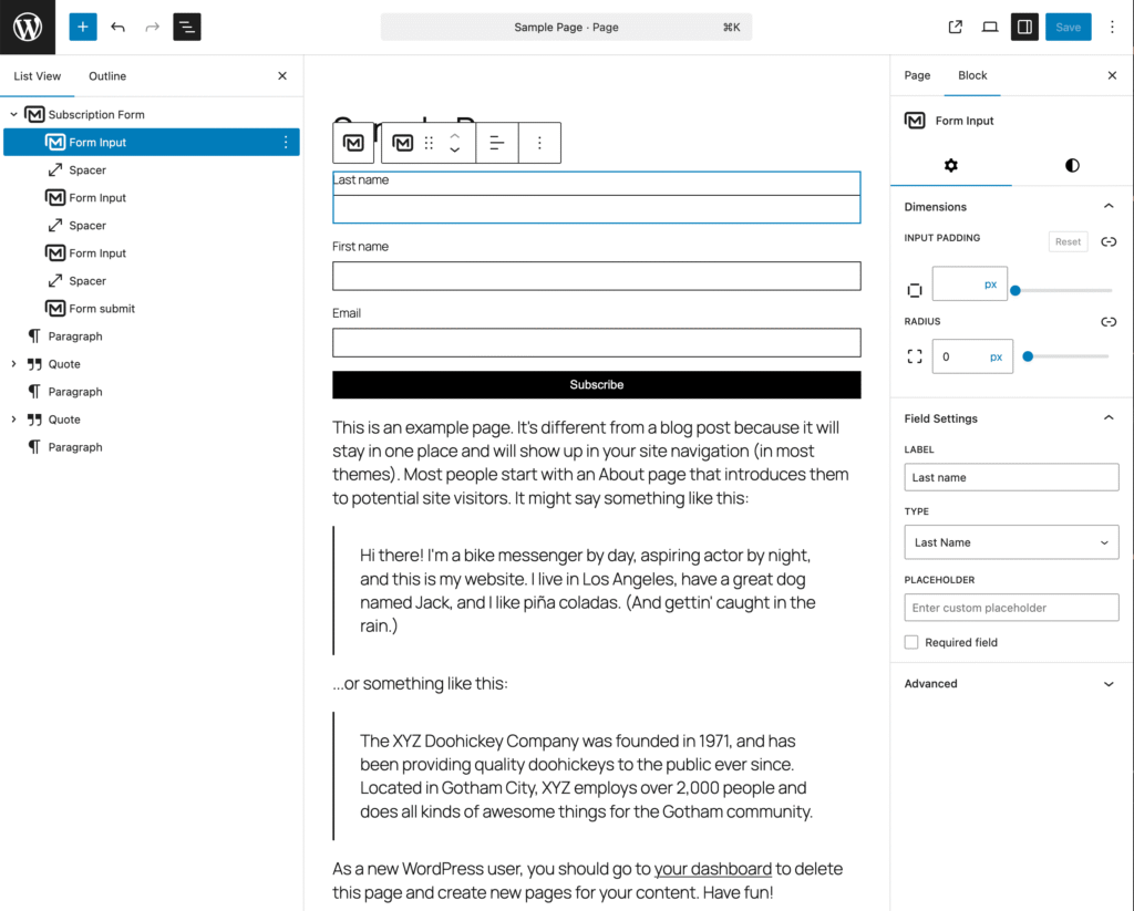 MailerPress Subscription Form block input settings
