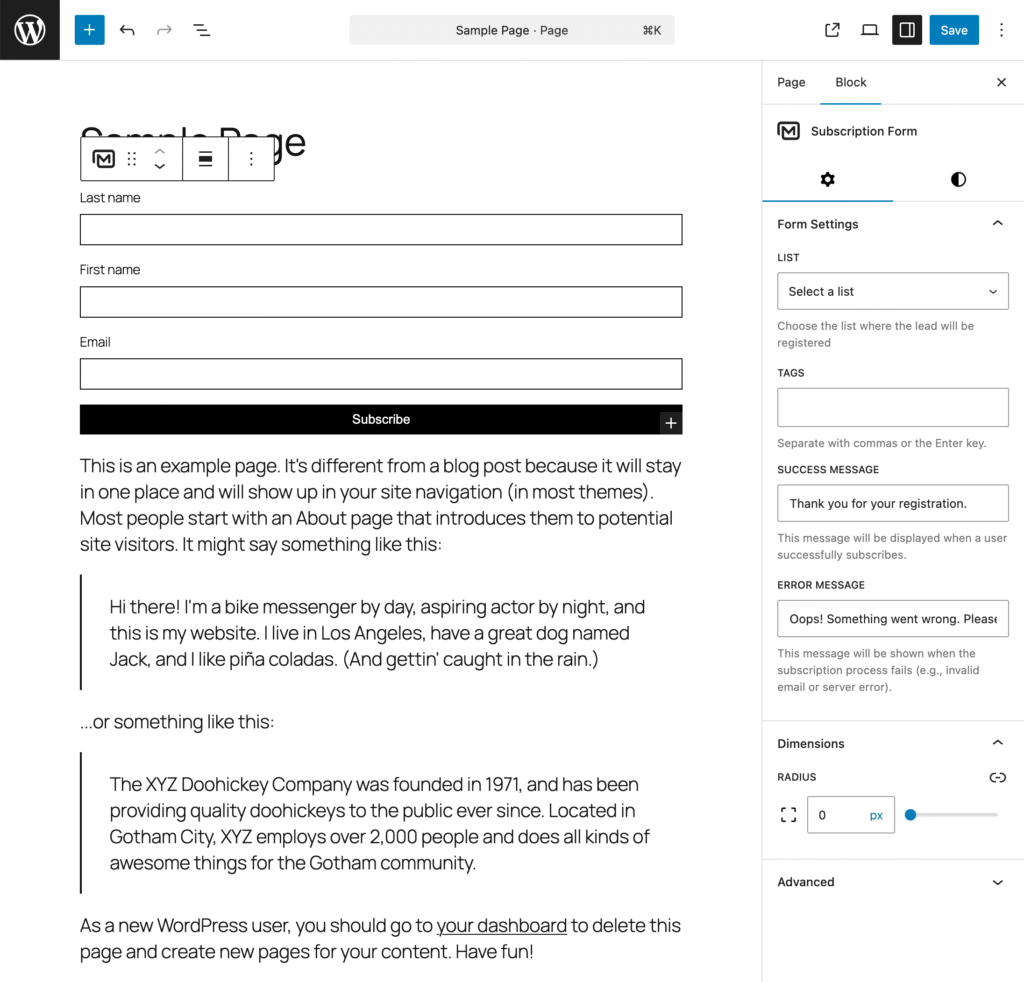 MailerPress Subscription Form block settings