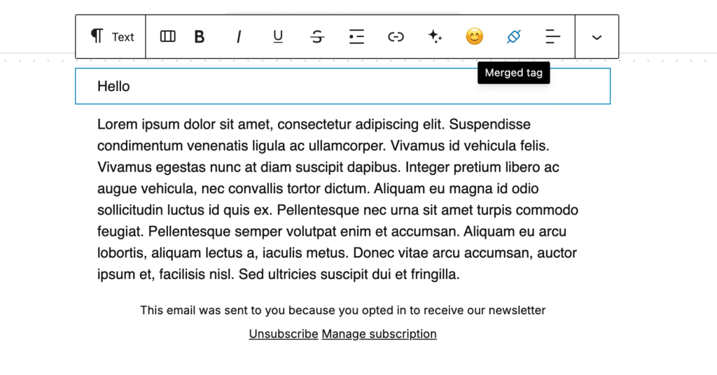 Use the toolbar to insert a merge tag - MailerPress