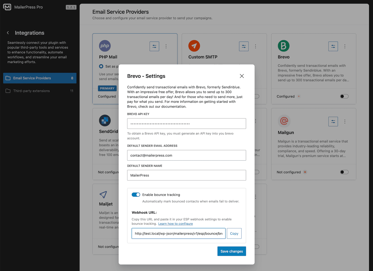 MailerPress modal settings to connect with Brevo