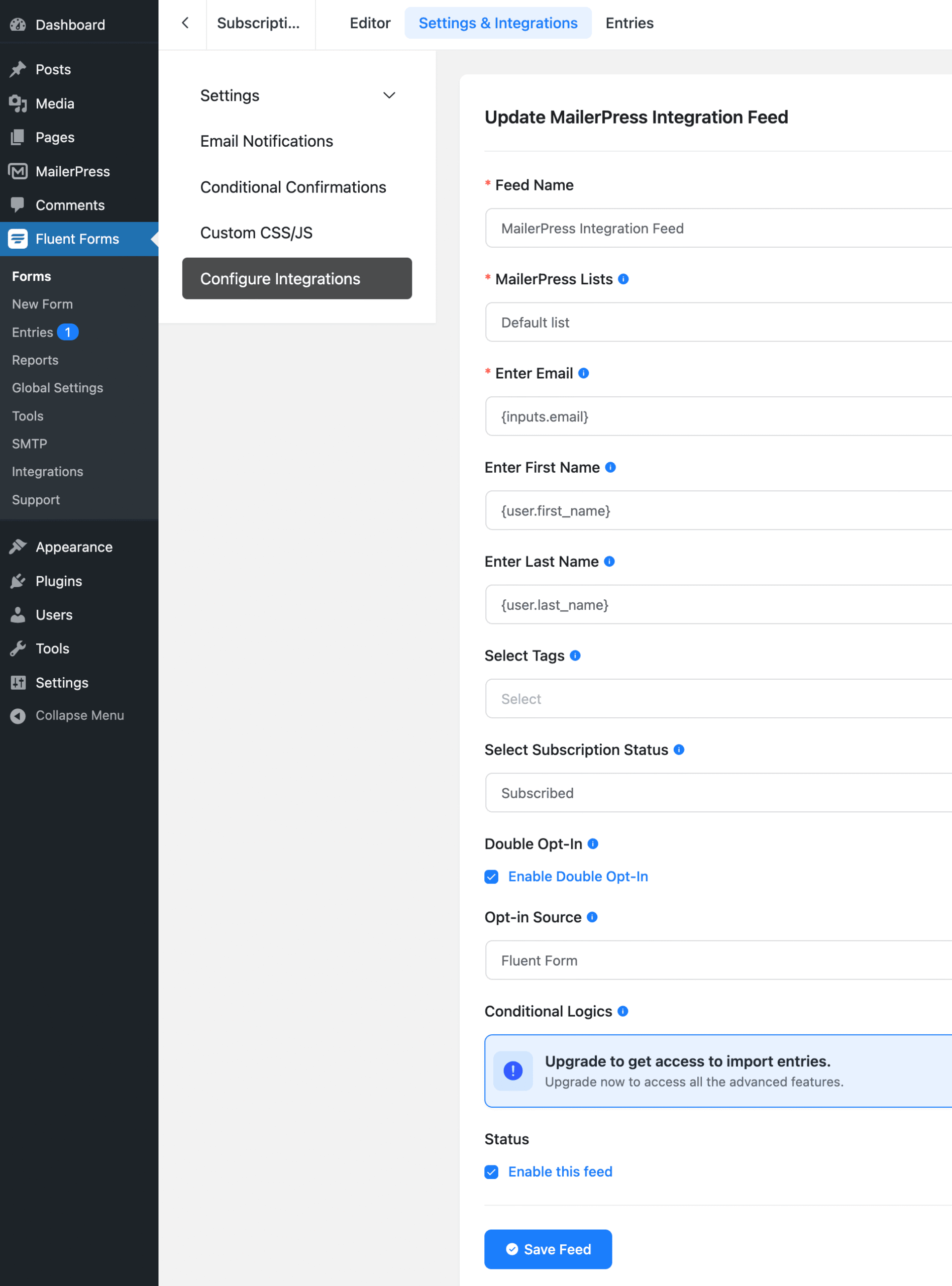MailerPress integration settings - Fluent Forms