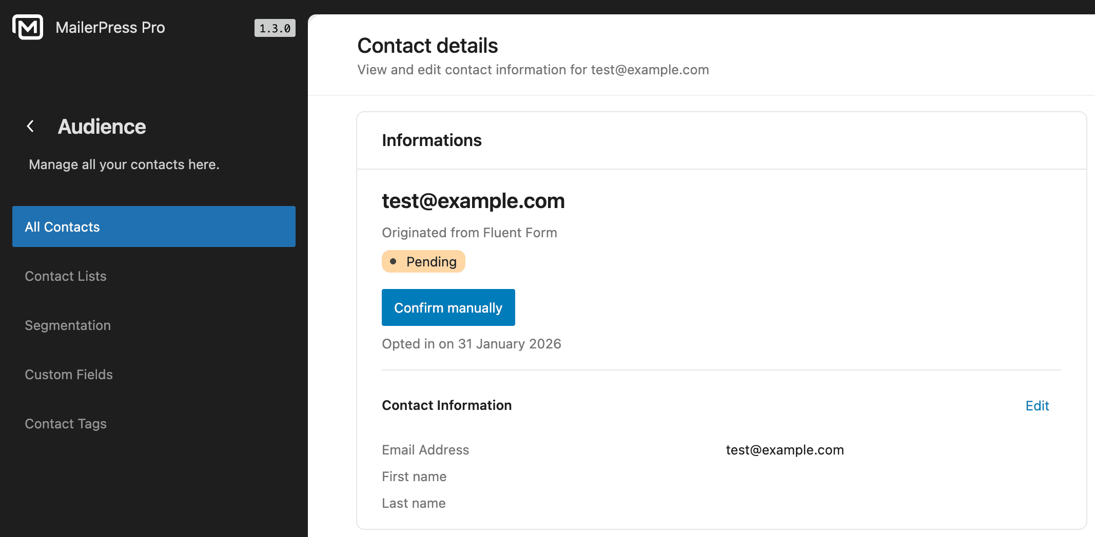 Data captured by Fluent Forms and sent to MailerPress