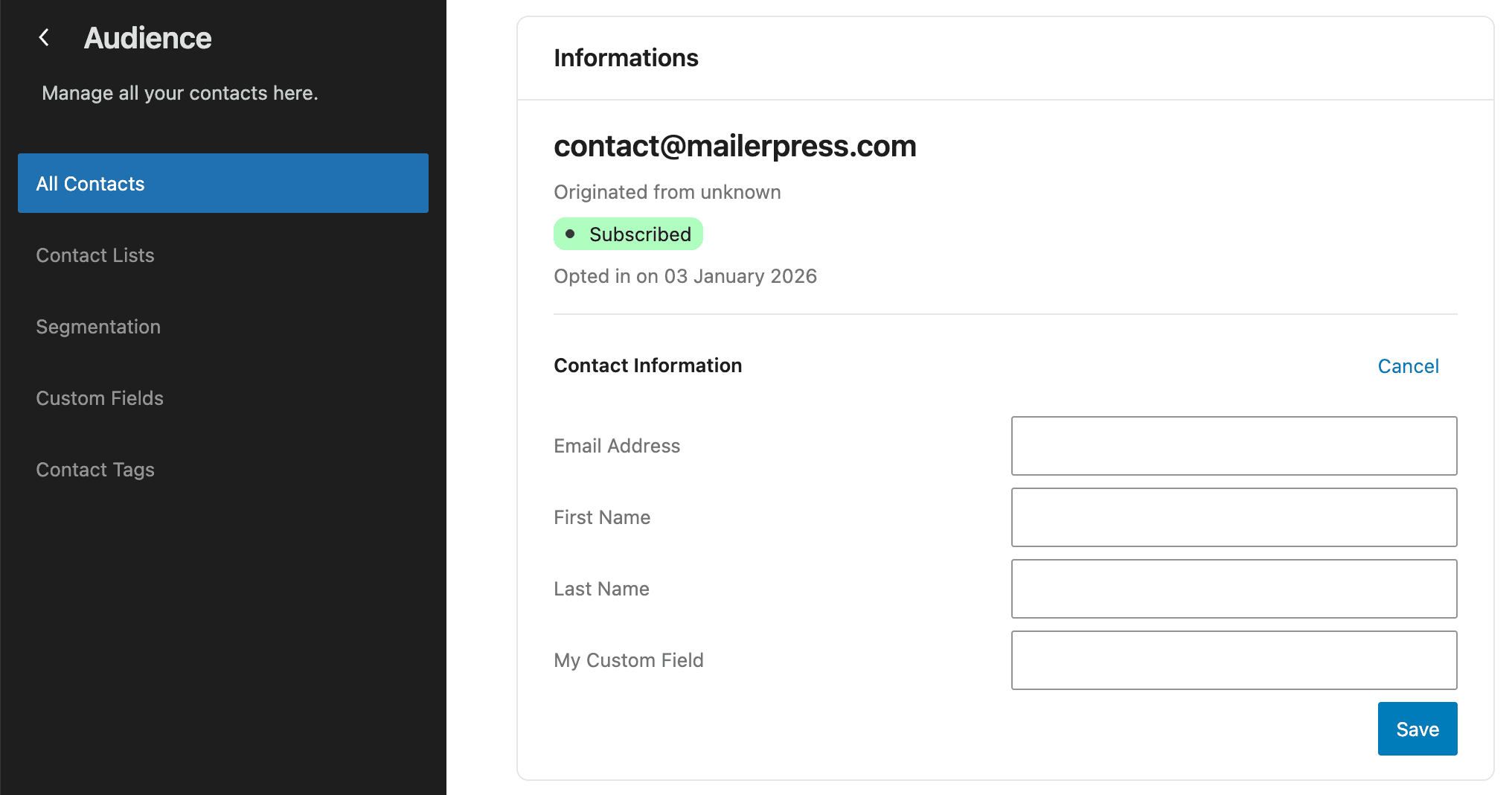 Edit custom field values for a contact - MailerPress