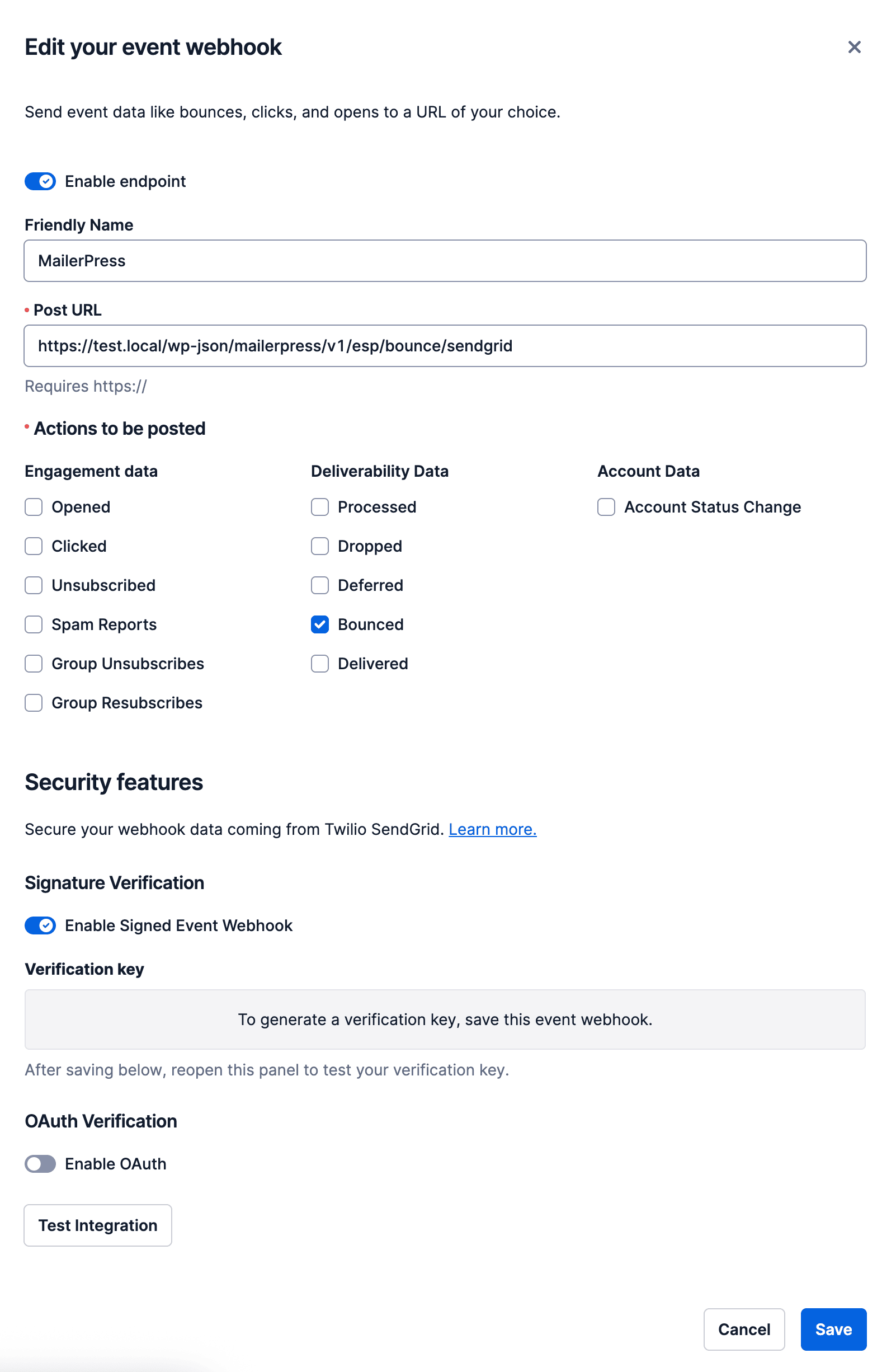 Create a new SendGrid webhook