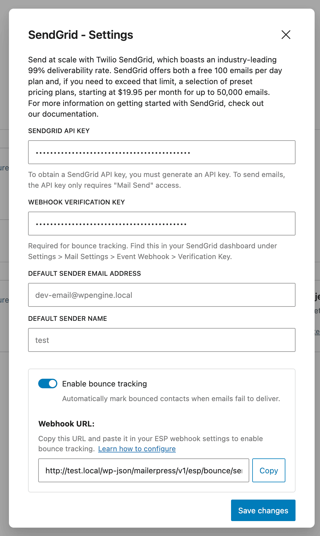 Enter your webhook verification key from SendGrid to MailerPress