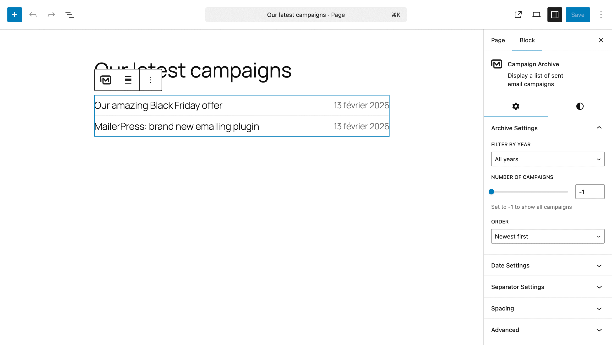 MailerPress "Campaign archive" for the Block Editor