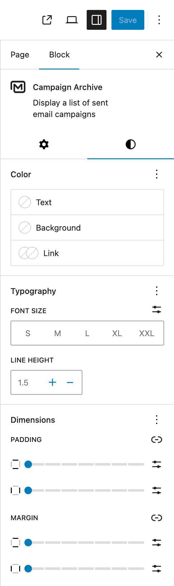 MailerPress "Campaign archive" for the Block Editor - Styles tab
