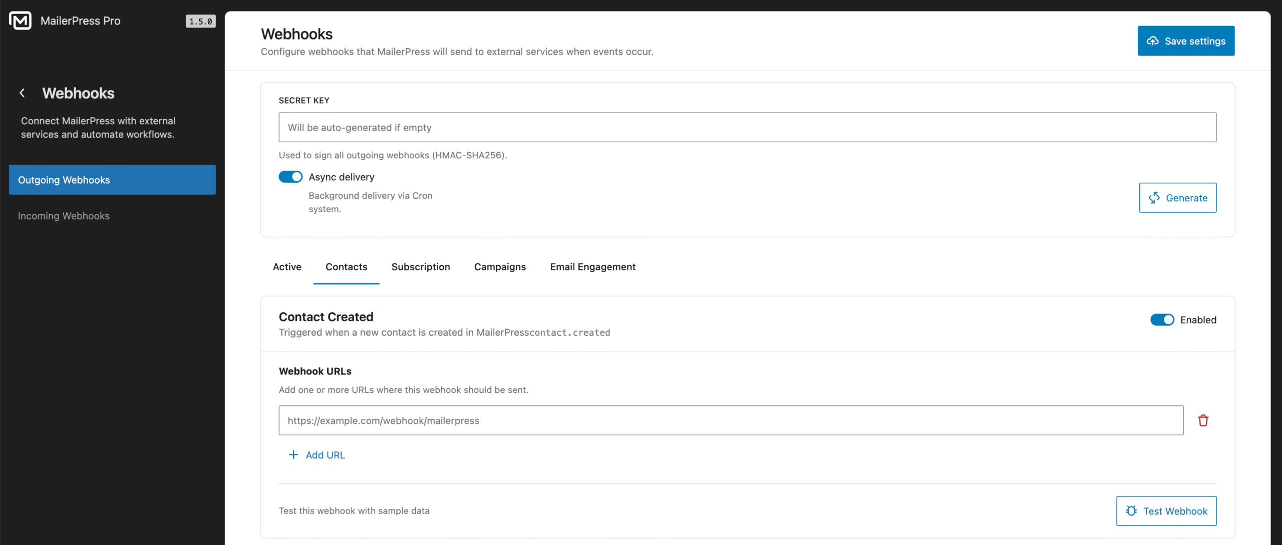 Outgoing webhooks - MailerPress Pro