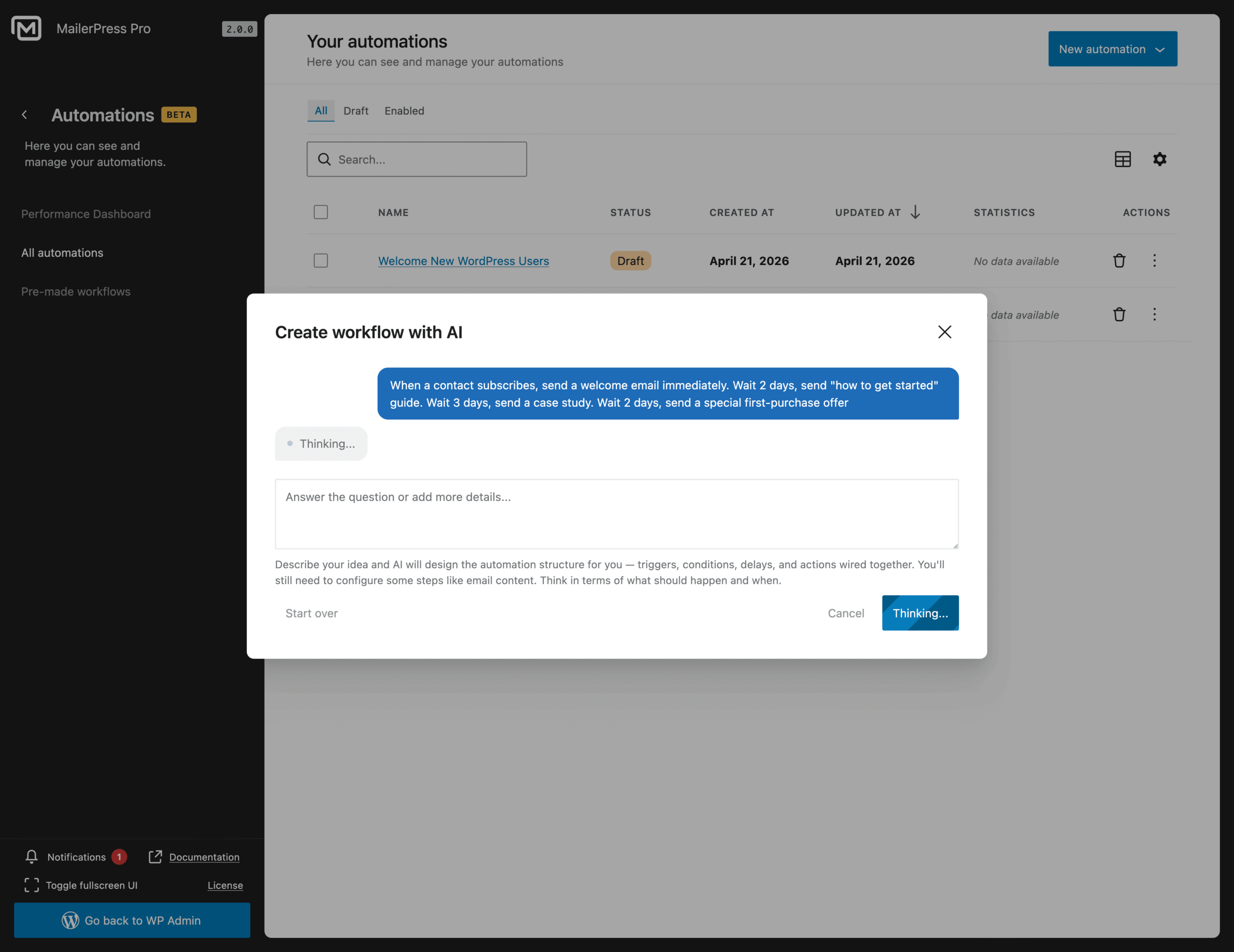 Chat with your favorite AI provide to build an automation - MailerPress Pro