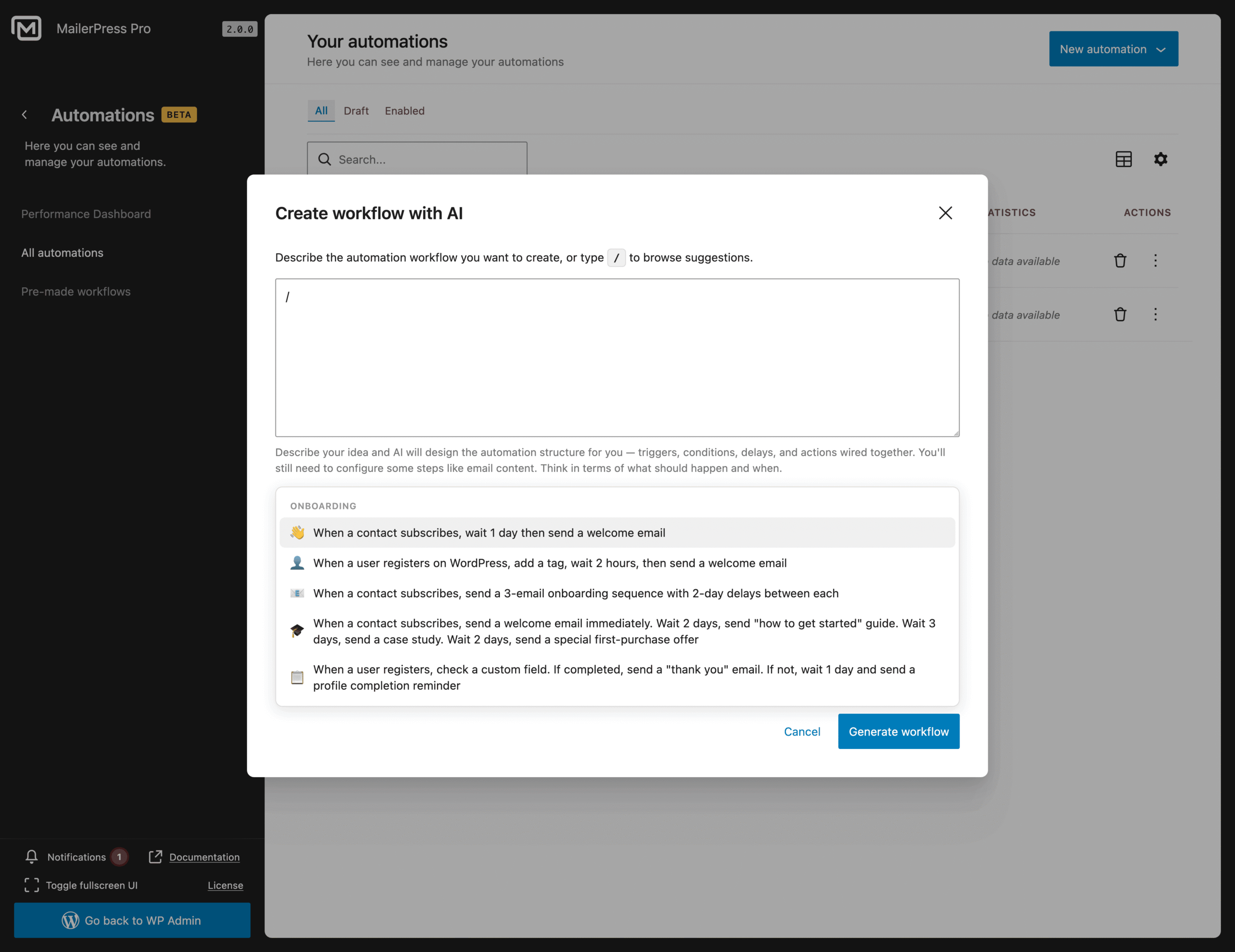 Prompt suggestions to get started with AI - MailerPress Pro