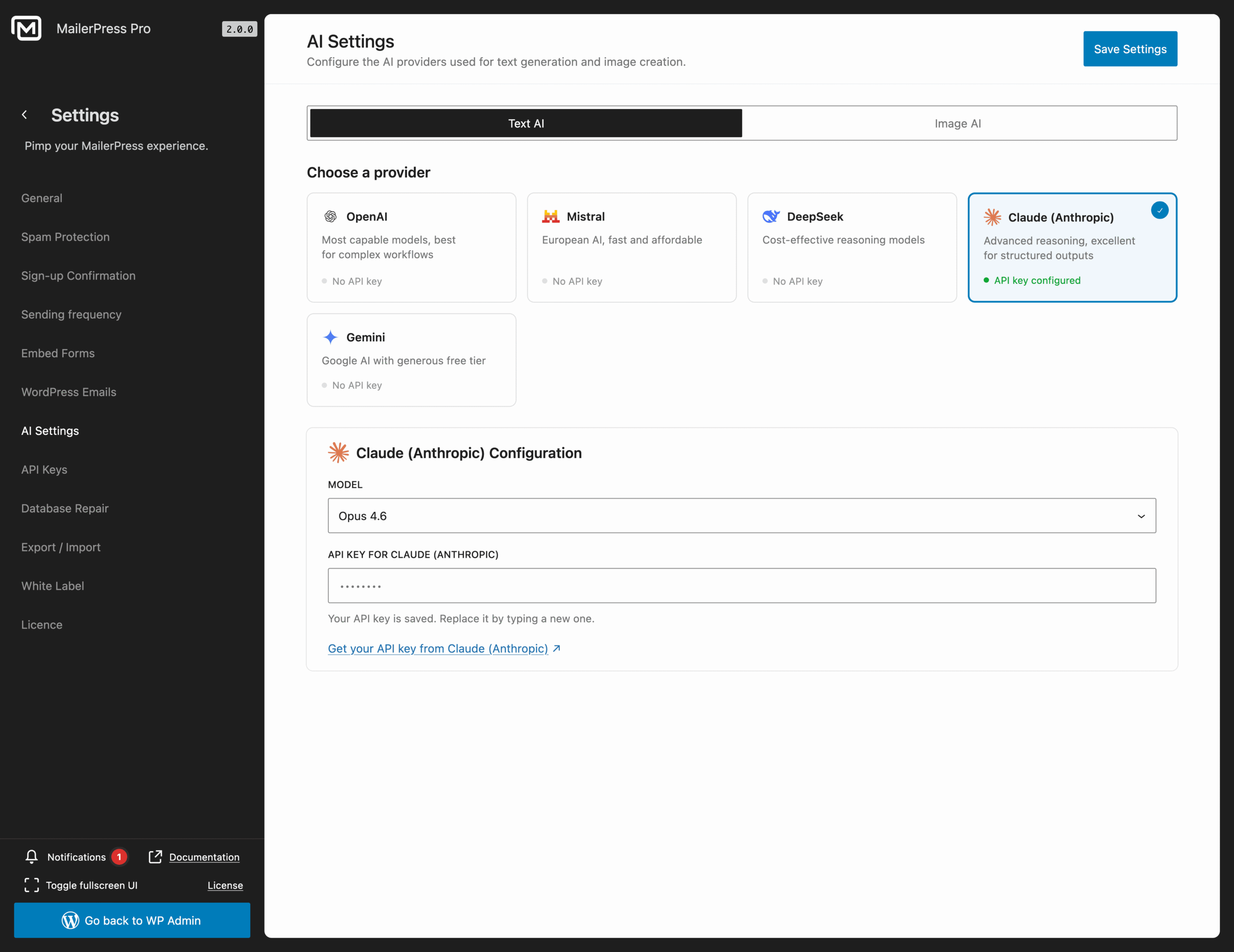 AI settings - MailerPress Pro