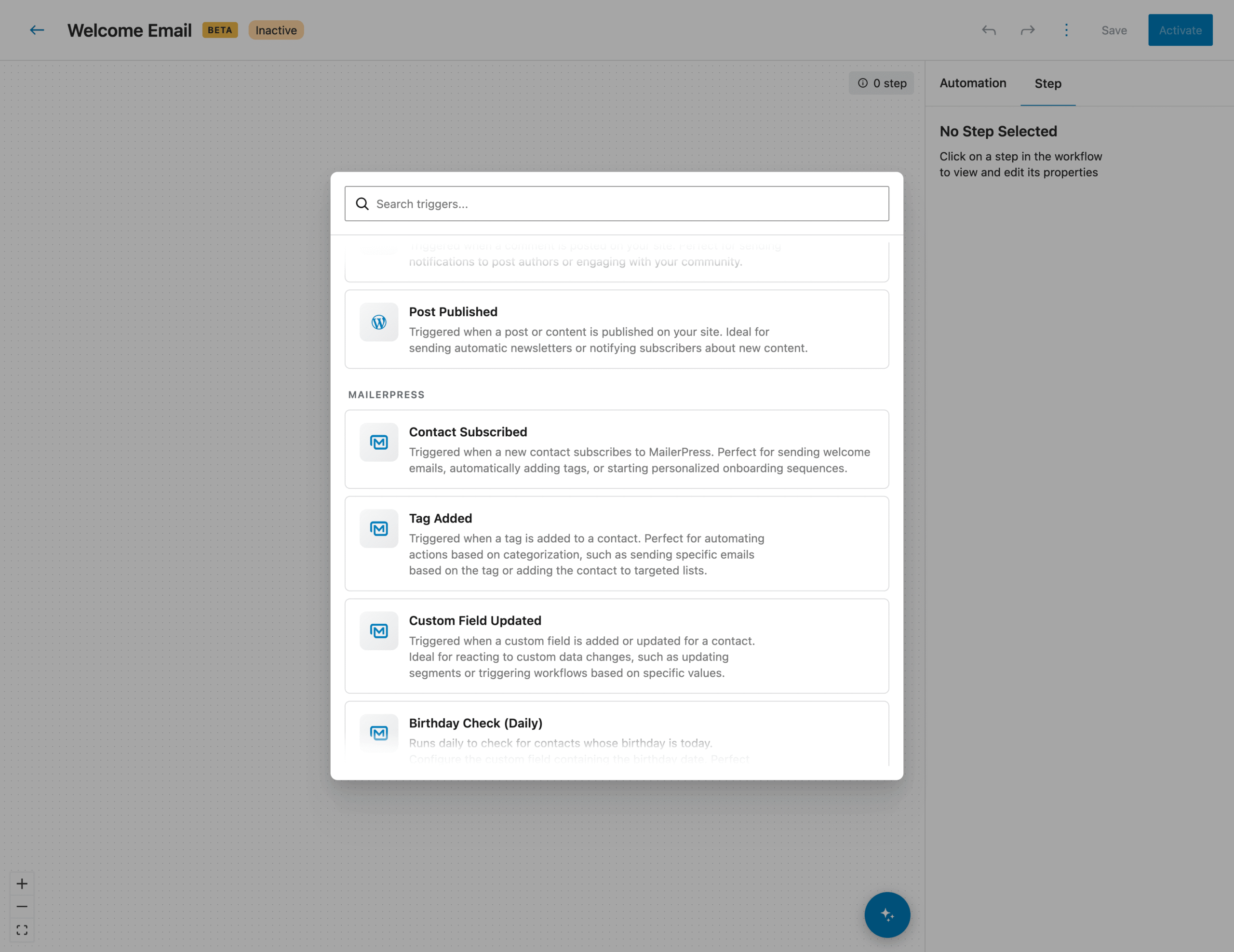 Choose a trigger - MailerPress