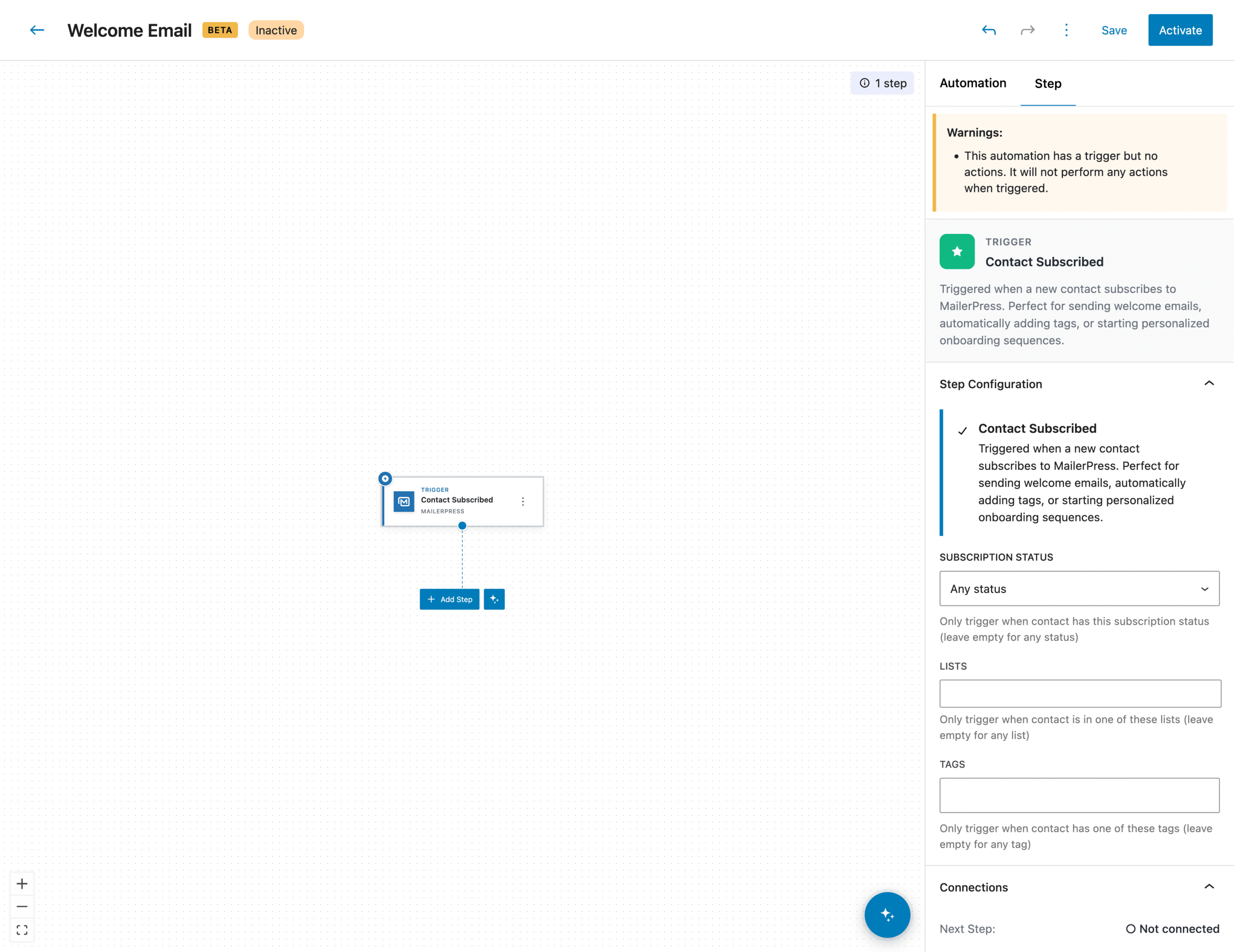 Trigger settings panel - MailerPress