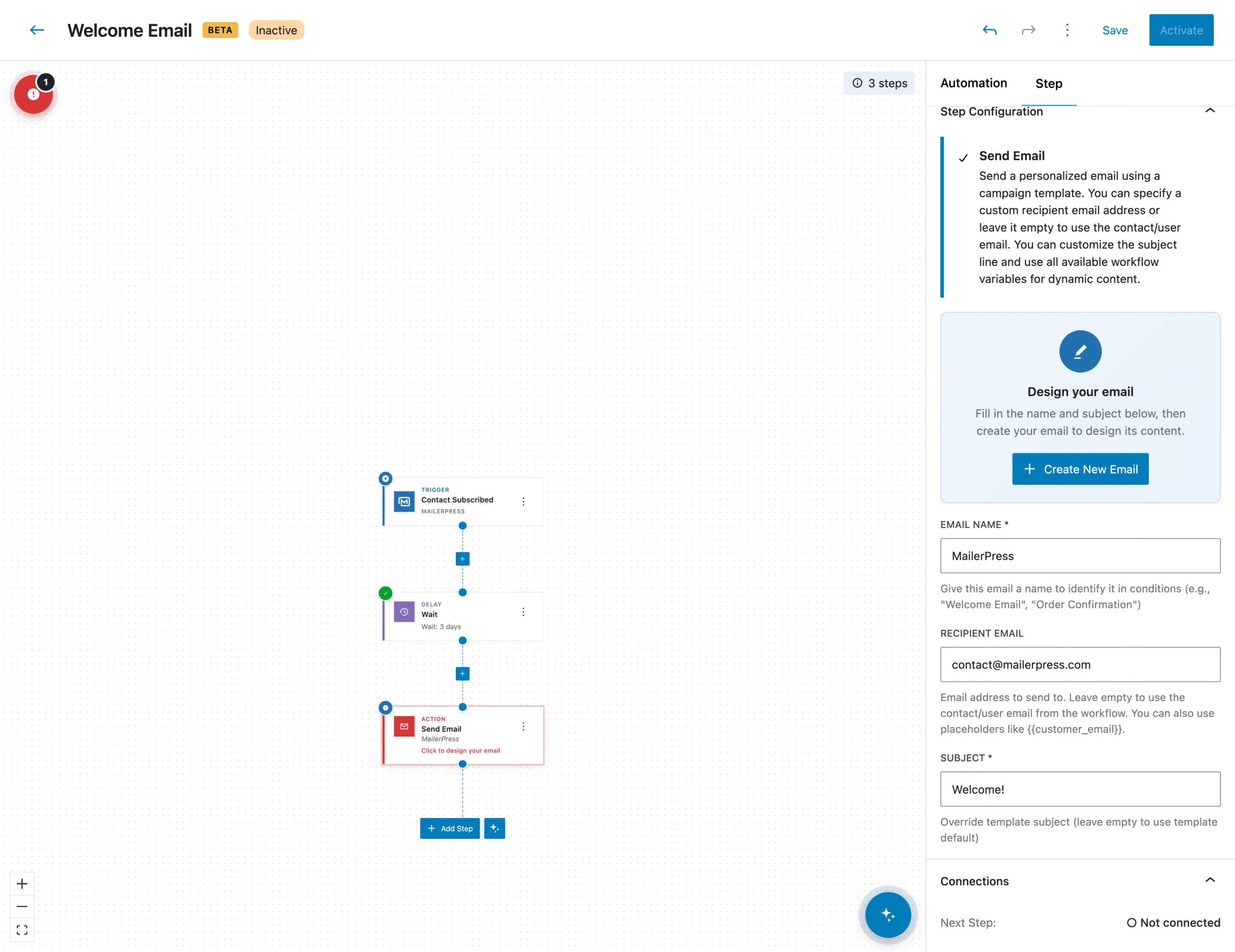 Configure your "Send an Email" action - MailerPress