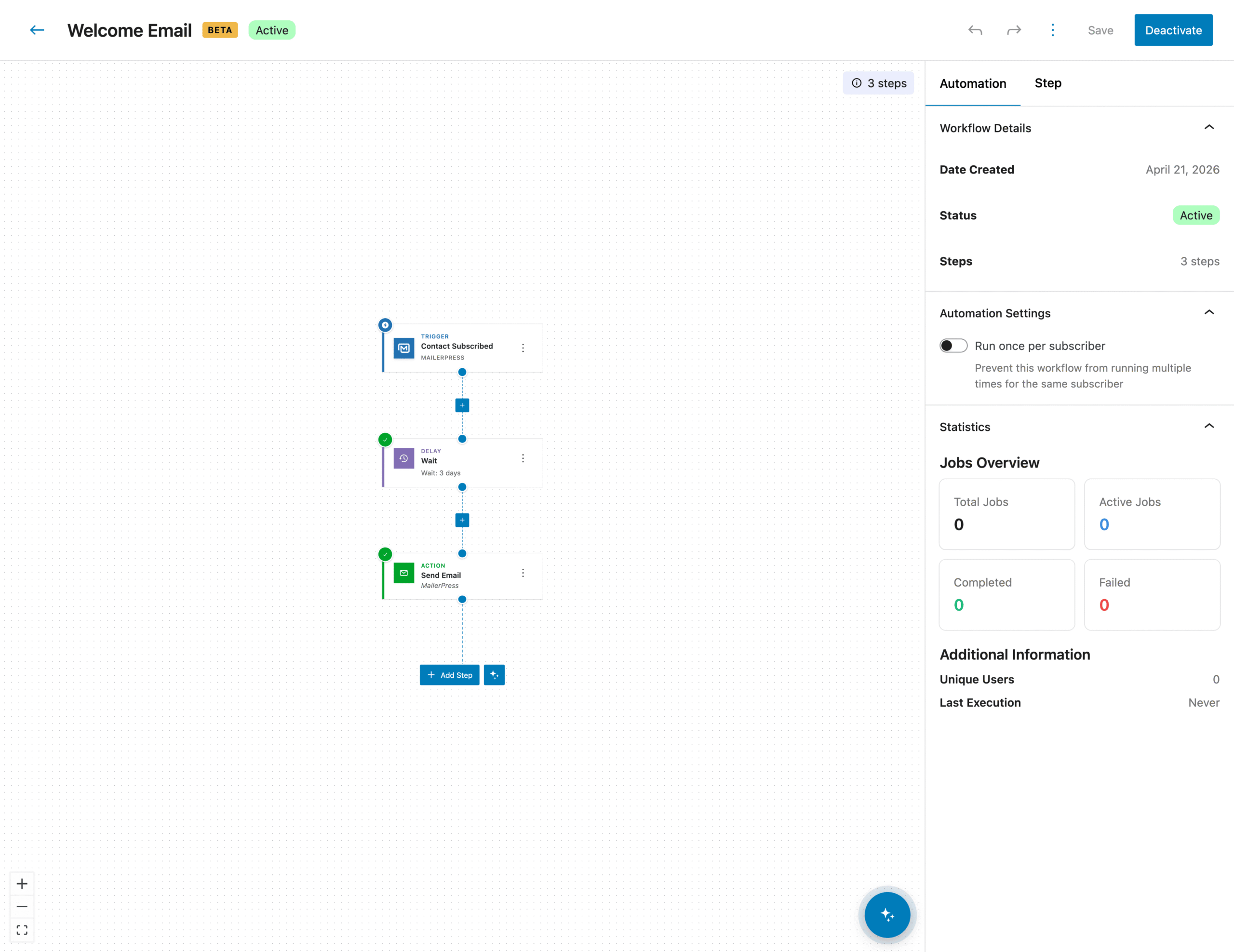 Flux de travail automatisé activé – MailerPress Pro