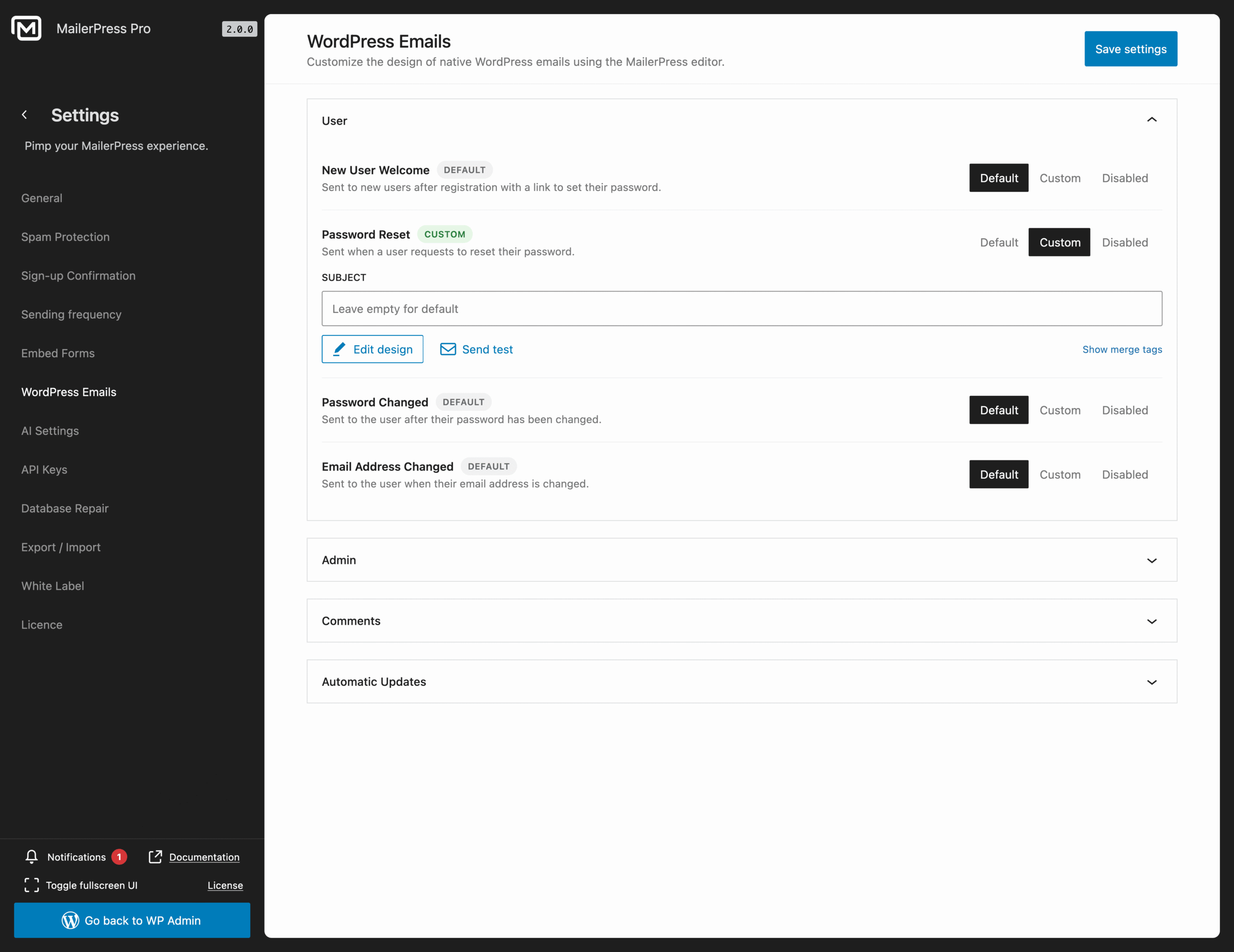 Customize native WordPress emails with MailerPress editor