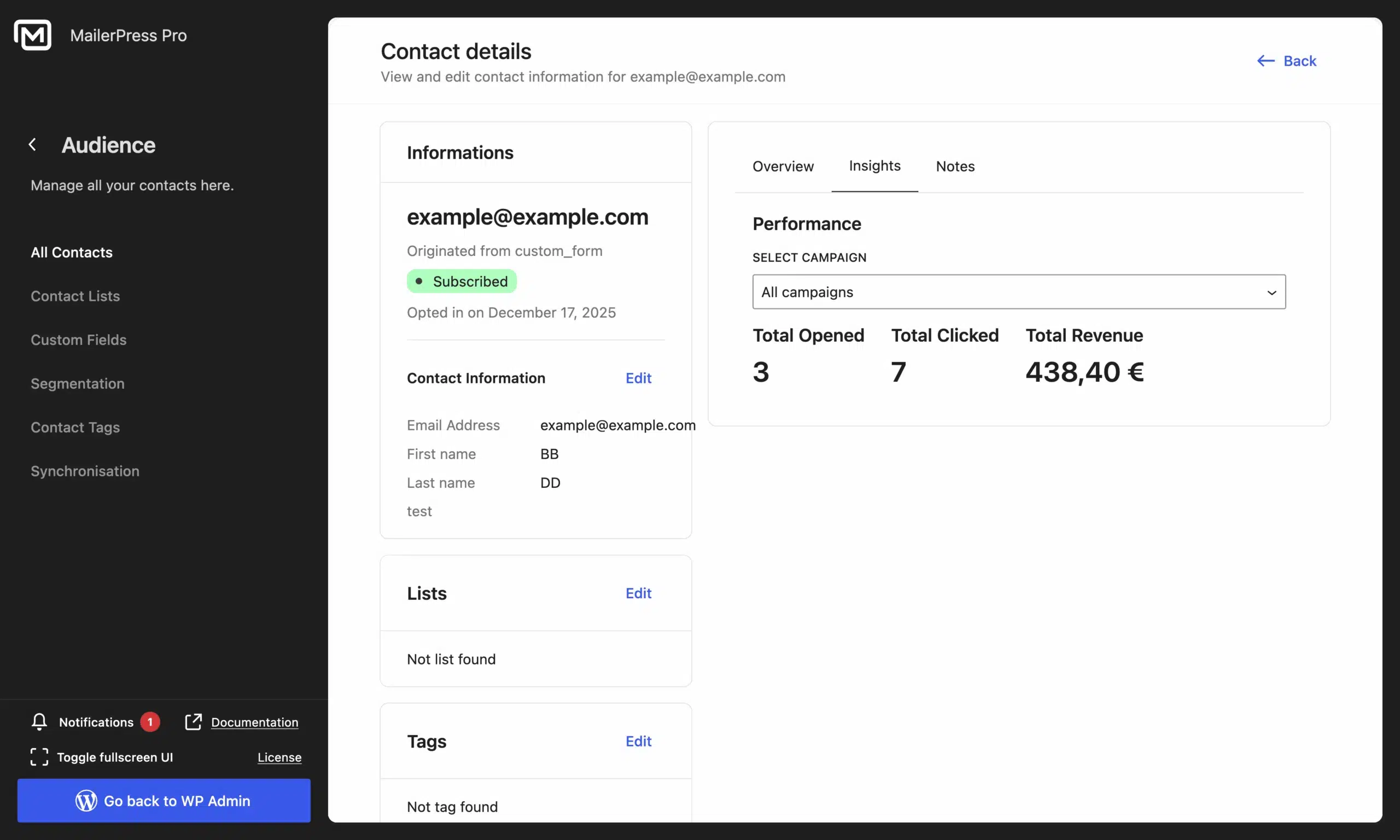 Insights about a contact – MailerPress