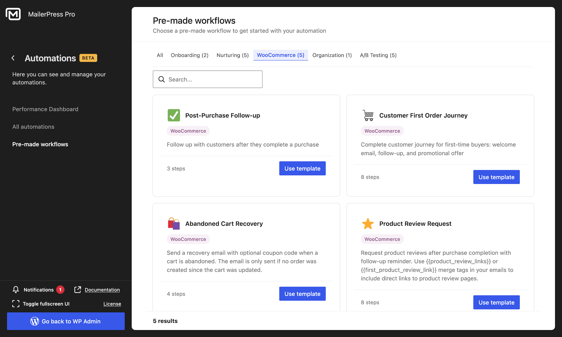 Pre-made workflows for WooCommerce – MailerPress automations
