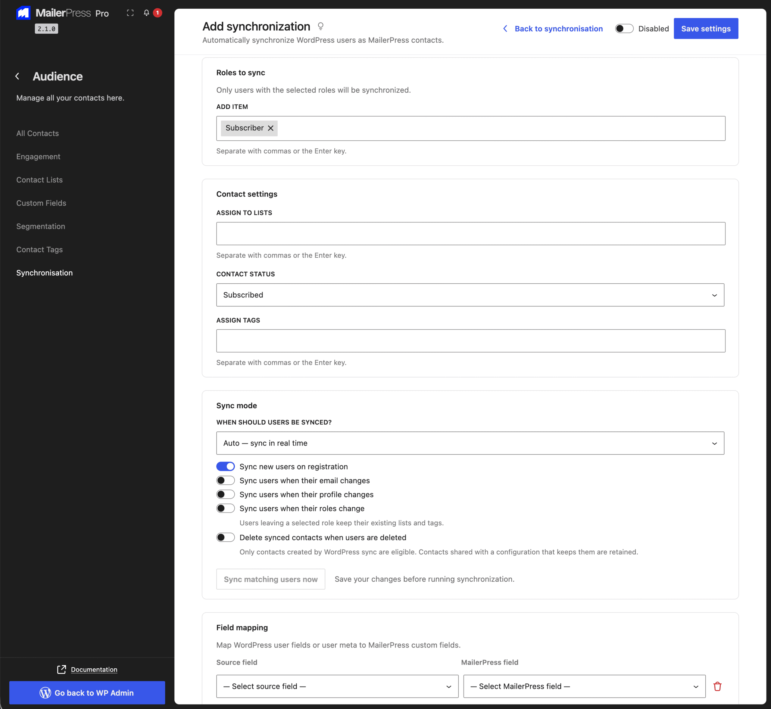 Synchronisez automatiquement les utilisateurs WordPress en tant que contacts MailerPress