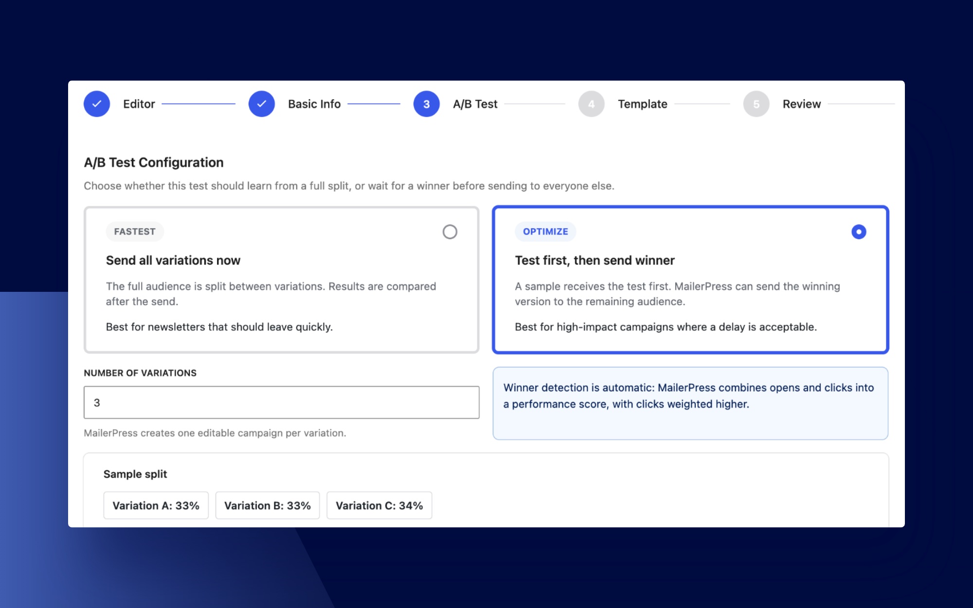 A/B test setup: test a sample first, then send the winner