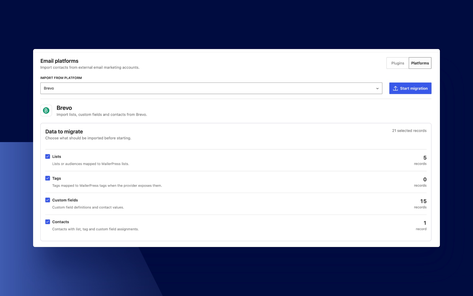 Migration Center: import lists, custom fields and contacts from Brevo