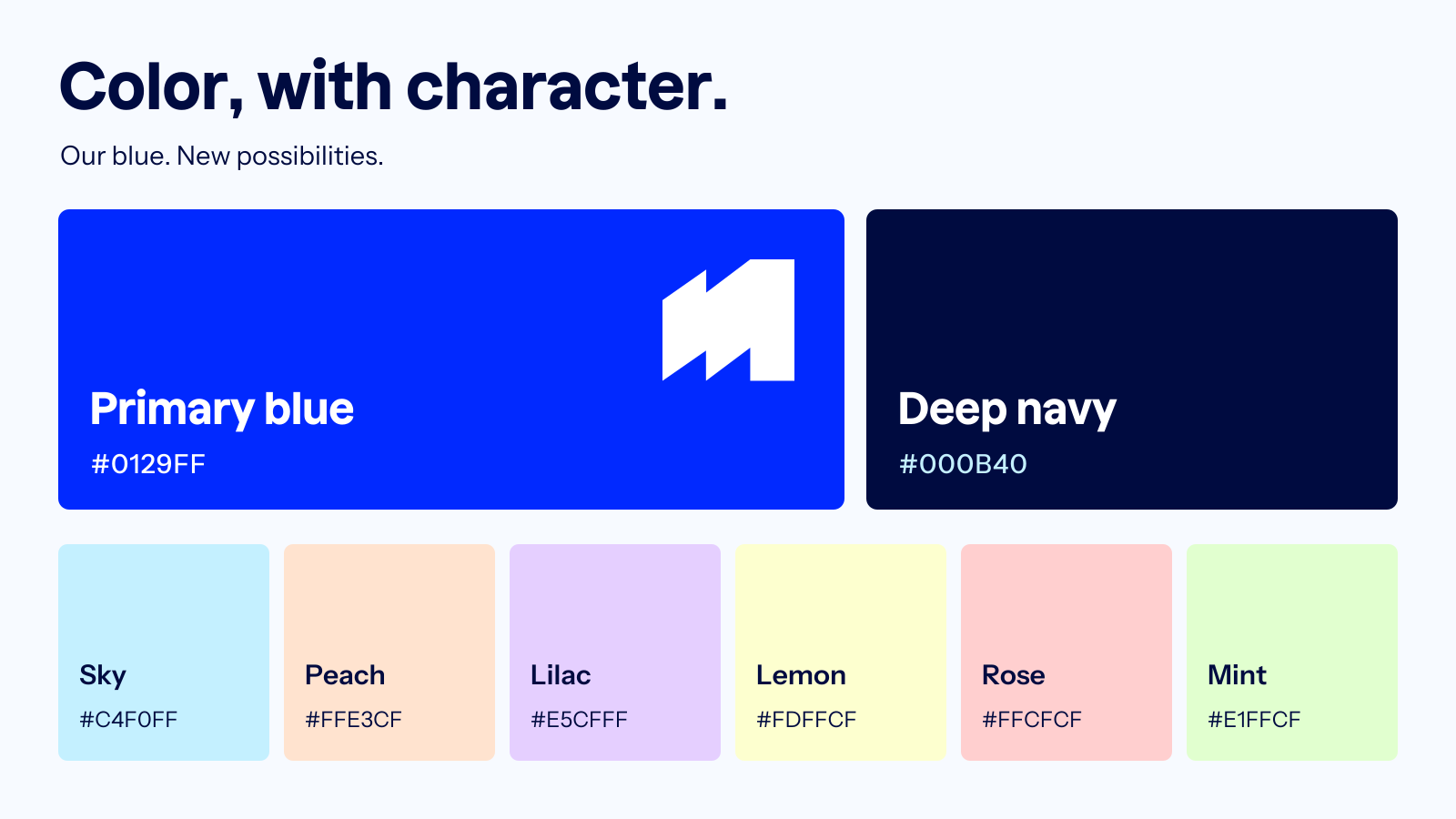 MailerPress color palette: primary blue #0129FF, deep navy #000B40, and six pastel surfaces in sky, peach, lilac, lemon, rose and mint.