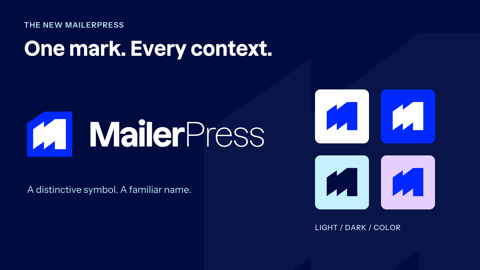 The MailerPress wordmark and standalone symbol, shown across light, blue and pastel backgrounds.