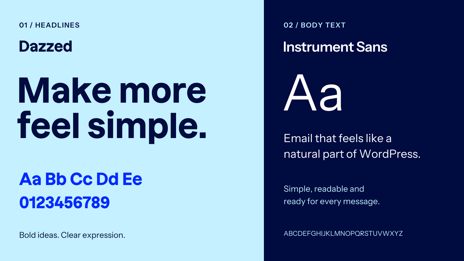 MailerPress typography: Dazzed headlines paired with Instrument Sans body text, shown on sky blue and deep navy.